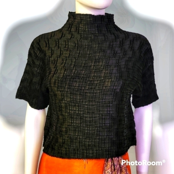 3/$30 VTG MICHELE MICHELLE Black Crinkle Cropped High Neck Baddie Blouse - Picture 1 of 8